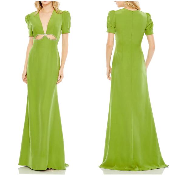 Mac Duggal NWT Plunge Neck Puff Sleeve Beaded Cut Out Gown Green Apple Size 2 - Picture 2 of 11
